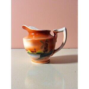Vintage Japanese Lusterware Creamer Pitcher Art Deco Orange Windmill Scenic 1930